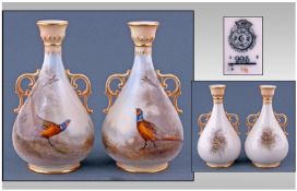 Royal Worcester Hand Painted Pair of Tapered Vases. Pheasants in a Woodland Setting Signed James