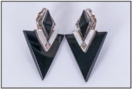 Art Deco Pair Of Ladies Silver Onyx Earrings, Clip On Earrings. Stamped 925. Height 2 Inches.