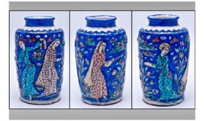 Antique ' Qajar ' Persian Pottery Decorated Vase, Finely Painted with Courtesans Playing Musical