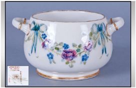 Moorcroft Macintyre Small Two Handled Bowl, garlands of pinkish purple roses and forget-me-nots held