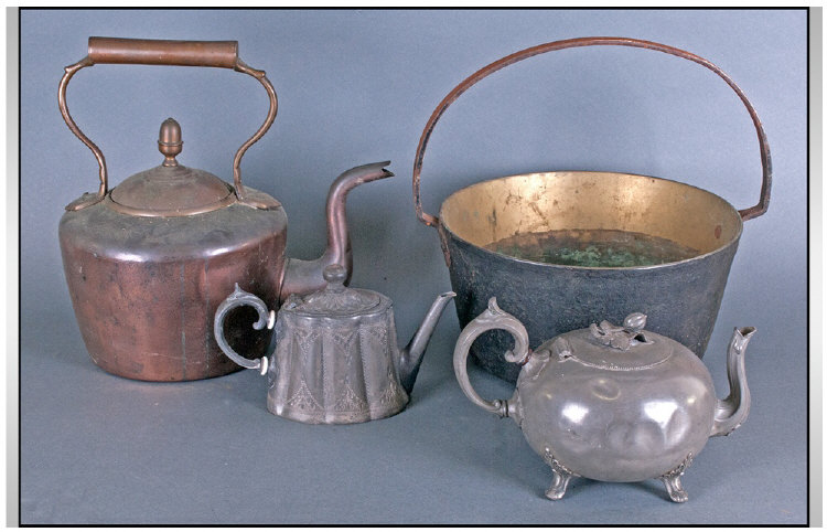 Small Miscellaneous Box of Metal Ware comprising 19 Century Copper Kettle, Jam Pan and 2 pewter