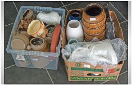 Two Boxes of  Miscellaneous Pottery to include West German Vases, stoneware, crested, some treacle