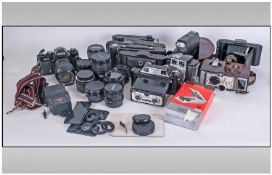 Box Of Cameras & Lenses Including Centon Flash Gun, Yashica Samurai camera, Argo folding camera,