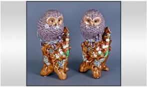 A Pair of Japanese Kutani Owl Figures, Approx 11 Inches High, on Stylised Branches with Exotic