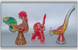 Three Murano Style Glass Animals comprising elephant, cockerel and bird of paradise.