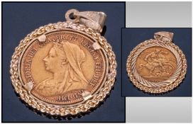 Victorian 22ct Gold Half Sovereign, set in a 9ct gold pendant. Date 1901. Total gold weight 6