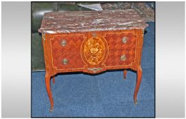 A Reproduction French Inlaid Commode Chest with rouge marble top with 2 inlaid drawer fronts on
