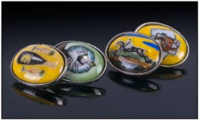 Set Of Gents Silver Cufflinks. Oval Fronts And Back Showing Images Of The Four Vices, With Chain