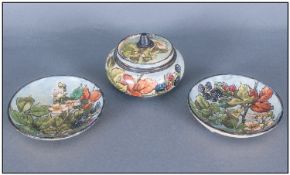 Doulton Lambeth Faience Cover Pot and two dishes, similar, each hand painted with apple blossom