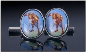 Set Of Gents Silver Cufflinks. Oval Fronts Showing Images Of A Golfer, With Chain Fasteners And T