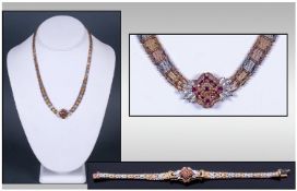 Italian Gilt Silver Bracelet and Necklace Set of textured form, fancy links with central red ruby