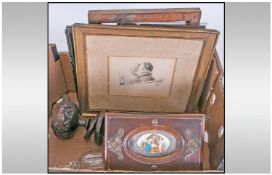 An Assorted Box of Collectables including a letter and pen box, a miniature framed watercolour, 5