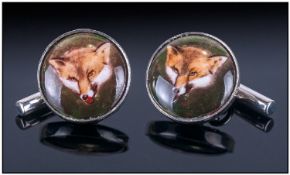 Set Of Gents Silver Cufflinks. Circular Fronts Showing Images Of Foxes, With Chain Fasteners And T