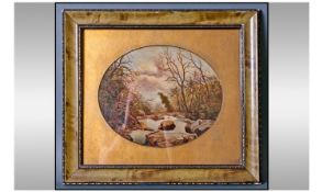 Oval Picture by Jane Uttley from the 1880' s depicting a river wending tis way over rocks and