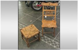 Folding Wooden Chair, 28" in height, together with small stool with rattan seat. 12" in height.