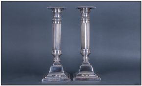 Edwardian Pair Of Very Fine Silver Plated Corinthian Column Candlesticks, in the Regency style. Each