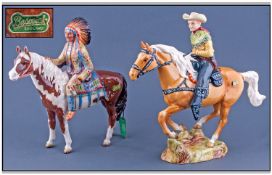 Beswick Fine Pair Of Figures. 1, Canadian mounted cowboy, model number 1377, designer MR Orwell,