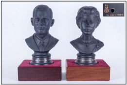 Royal Doulton Limited Edition & Numbered Pair Of Black Basalt Busts Of Queen Elizabeth II & The Duke