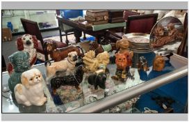 Collection of Pottery Dog Figures including large Dachshund and small Dachshund, Staffordshire dog