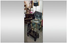 Collection of Modern Furniture comprising gilt brass side table, lamp, cathedral style mirror with