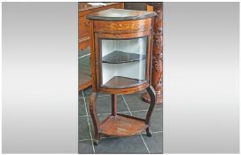 Small Edwardian Rosewood Inlaid Corner Cupboard Cabinet with a glazed bow front door on shaped
