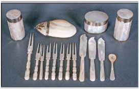 A Small Collection of Mother of Pearl Items including shell purse, tooth picks, salt and pepper