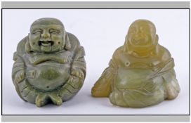 Two Chinese Green Jade Stone Carvings Depicting Two Seated Buddahs in a happy repose. 2" in height.