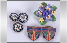 Small Mixed Lot. Comprising Art Deco enamel buckle, three French enamelled buttons, ceramic flower