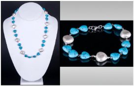 Turquoise Heart Shapes Necklace and Bracelet, bright blue turquoise heart shaped beads threaded onto