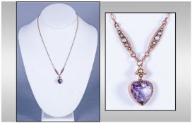 Victorian 9ct Gold Set Heart Shaped Amethyst and Seed Pearl Pendant Drop. c.1890. Fitted on Integral