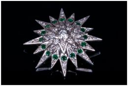 Impressive and Elegant 1950's Metamorphic 18ct White Gold Diamond and Emerald Starburst  Brooch/