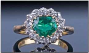 Mid to Late 19thC Emerald and Diamond Cluster Ring set with a heart shaped deep green emerald (.