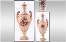 Royal Worcester Blush Ivory Small Urn Shaped Vase. Floral decoration. Date 1903. Stands 7 inches.