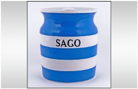 T.G Green Cornish Kitchen Ware, blue and white, lidded sago jar. Height 6.5 inches.