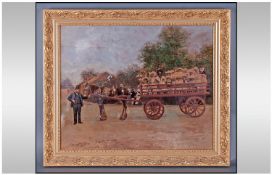 Coloured Photograph Of A School Outing With A Charabanc Full Of Children. Pulled by a large cart