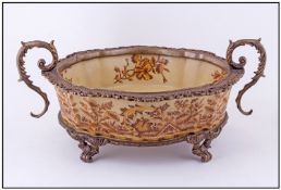Ormolu Mounted Decorated Pottery Fruit Bowl. 13 inches in diameter.