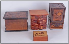 A Collection Of Four Small Boxes, a miniature chest of three drawers, 1930's pop up cigarette box,