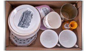 Box of Assorted Blackpool Cups & Saucers, including teapot stand and dog show tankard.