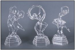 Three Glass Dancing Figures in the 1930's Style. All approx 11 inches.