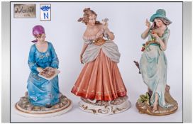 Capodimonte Signed & Early Finely Decorated Figure, 3 in total. 1. Lady with Dove, Signed Bediu. 12"