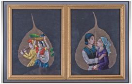 Pair of Indian Leaf Paintings, hand painted on dried pear shaped leaves, onr showing a romantic