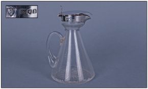 Edwardian Silver Lidded & Banded Glass Vinegar Bottle, star base. Hallmark London 1904. 4" in