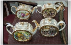 Four Sadler Teapots with gilt and elaborate decoration. Comprises still life, Old Coach House,