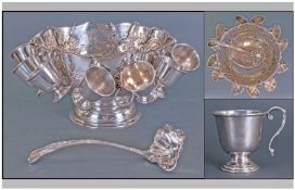 Good Quality 1950's Silver & Copper Lion Mask Handled Large Punch Bowl, with set of 12 matching