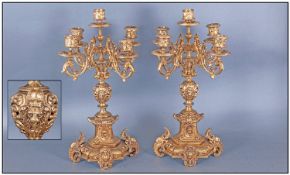 French Ornate 19th Century Pair Of Good Gilt Metal 5 Branch Candelabra's. Circa 1880's. With very