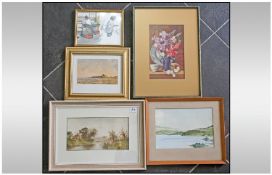 Collection Of Five Watercolours. Comprising; 1, Ernest Beecham Lait river landscape, signed, 6 x