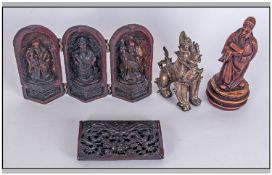 A Bronze Thai Lion Figure with a Chinese resin shrine cabinet & a resin Chinese figure of a sage & a