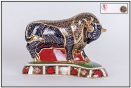 Royal Crown Derby Paperweight 'Bull' 1st quality, gold stopper, large size. Retired 2002, retail £