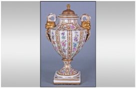 French Dolphin Handled Goblet Vase, decorated with painted floral sprigs between stripes of stylised