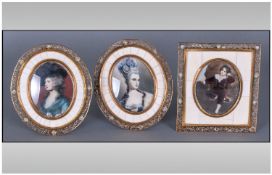 Three MId Twentieth Century Portrait Miniatures after Gainsborough, piano key and pierced brass